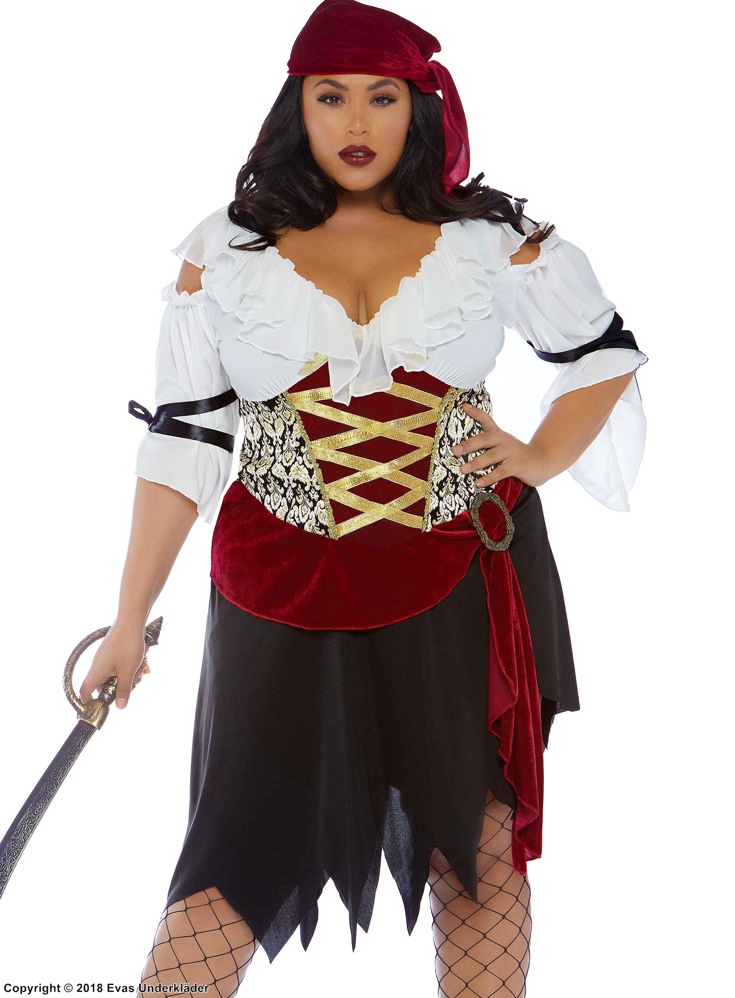 Kvinnlig pirat, maskeradklänning med volangkant, midjeband och revor, plus size